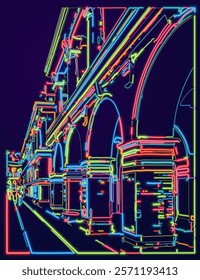 abstract neon light effect cyber city building in night