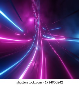 Abstrakte Neonleuchten in den digitalen Technologie-Tunnel. Futuristische Technologie abstrakter Hintergrund mit Linien für Netzwerk, Big Data, Rechenzentrum, Server, Internet, Geschwindigkeit. 3D-Darstellung