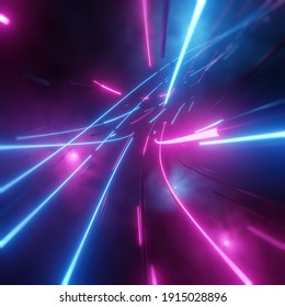 Abstract Neon Lights Into Digital Technology Tunnel. Futuristic Technology Abstract Background. 3D Render