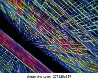 Abstract neon tech style background - computer-generated 3d illustration. Digital art: inclined surface consist of chaos bright lines. Science fiction or future technology concept background