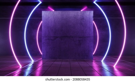 Abstract neon ultraviolet background, 3d render. Interior of  nightclub,tunnel,corridor with concrete walls.Modern laser sci-fi room, visual cyber space, music background. Empty stage with spotlights.