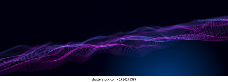 Abstract neon wave background in purple and blue tones. Visualization of computer virtual reality.