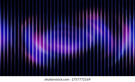 Abstract neon waveform with vertical light bars on dark background, glowing purple and blue audio signal pattern