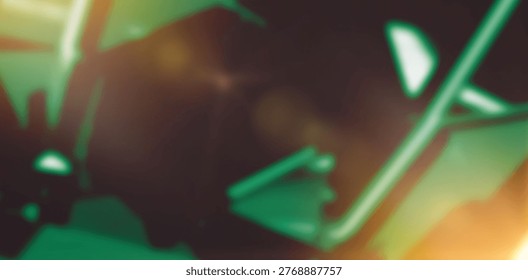 Abstract neon-green beams are forming angular frames in blurred studio with orange-yellow flares. Futuristic, geometric, digitalart, abstract, neon, vibrant, lowlight