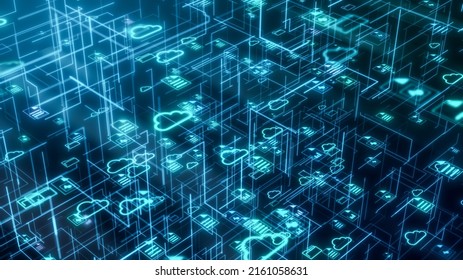 abstract network with clouds and different file and folder icons, sharing data, concept of cloud computing, smart working, global business, big data, isometric view (3d render)