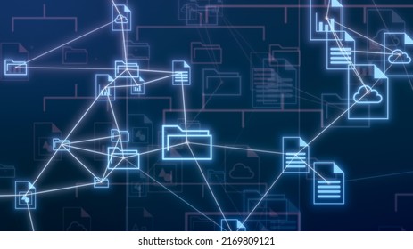 Abstract Network With Clouds And Different File And Folder Icons, Sharing Data, Concept Of Cloud Computing, Document Management System, Global Business, Big Data (3d Render)