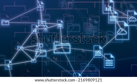 abstract network with clouds and different file and folder icons, sharing data, concept of cloud computing, document management system, global business, big data (3d render)
