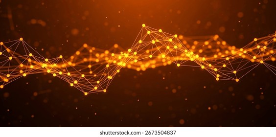 Abstract network of connected dots and lines on a dark orange background, forming a glowing digital web that highlights connectivity, technological sophistication, and futuristic design.