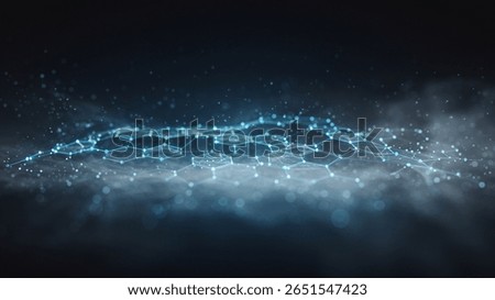 Abstract network of glowing blue hexagons in a dark smoky environment, evoking high-tech visual systems, blockchain graphics, or AI-driven connectivity structures