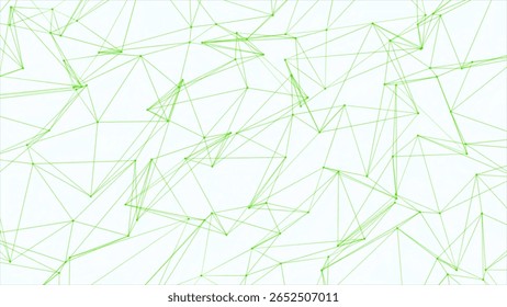 An abstract network of interconnected green lines and nodes against a clean white background, symbolizing data, technology, and connections.