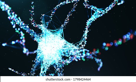 Abstract Neural Cells. AI Neuron. Artificial Neural Network Technology Science. Synapses And Neuronal Cells Send Electrical Signals. Cloud Computing, Transmission Of Information, 3d Illustration