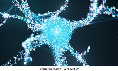 Abstract Neural Cells. AI Neuron. Artificial Neural Network Technology Science. Synapses And Neuronal Cells Send Electrical Signals. Cloud Computing, Transmission Of Information, 3d Illustration