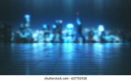 Abstract Night Blur City and Light With Reflection Floor. Concept Background. 3d illustration