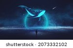 Abstract night fantasy landscape with an island, a whale in the sky, a dark fantasy scene, an unreal world, a fish, a whale, a sperm whale. Reflection of neon light, water, depths of the sea. 3D