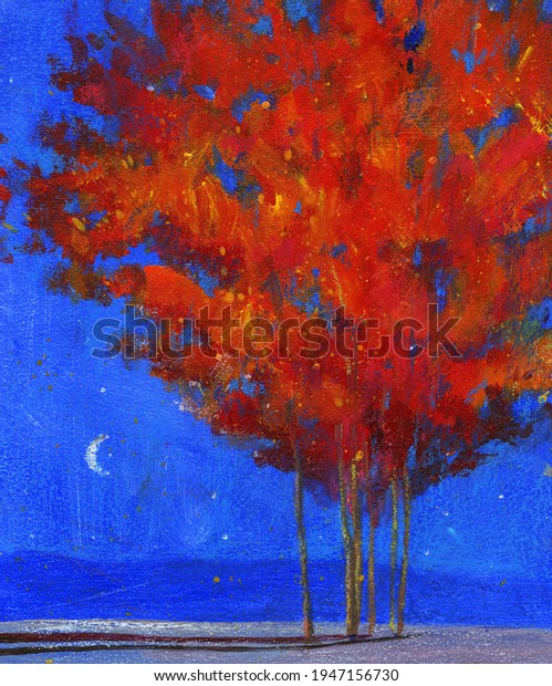 Abstract night hand painted\
landscape with a moon, tree and mountain. Acrylic modern art in\
trendy style. Grunge texture with splashes. Long shadow tempera\
canvas.