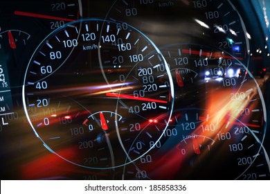 Abstract night racing illustration with blurred lights and speedometers - Powered by Shutterstock