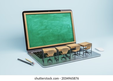 Abstract notebook chalkboard screen classrom on light background. Online education, seminar, workshop and knowledge concept. Mock up, 3D Rendering