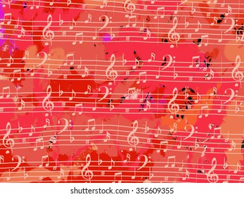 abstract, notes, treble and bass clef, background, red