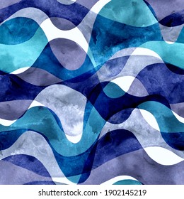 Abstract Ocean Waves Background. Ombre Blue And Purple Curves Seamless Pattern. Wavy Organic Stripes In Range Of Light And Dark Colors Repeat. Hand Painted Illustration For Surface Design