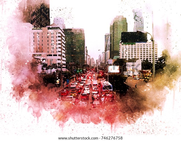 Abstract offices building and car traffic in city on\
watercolor painting background. City on Digital illustration brush\
to art.