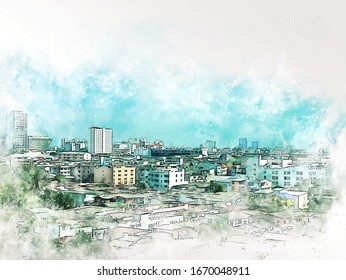 Abstract Offices Building In The City On Watercolor Painting Background. City On Digital Illustration Brush To Art.