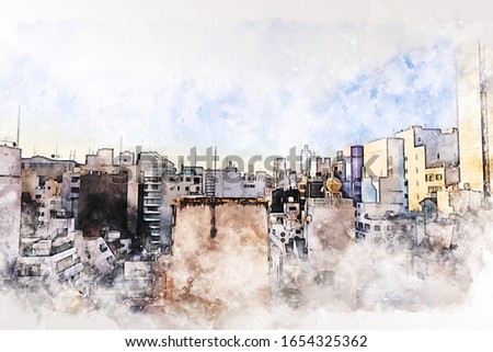 Abstract offices Building in Tokyo city on watercolor painting background. City on Digital illustration brush to art.