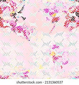 Abstract Oil Paint Florals Zigzag Textured Mix Seamless Pattern Trendy Fashion Colors Clover Design Pastel Pink Tones