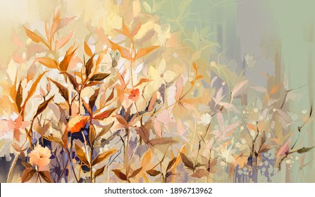 Abstract oil painting of colorful flower with orange, red, yellow leaf. Illustration hand painted, nature of fall, autumn season. Paint design for natural wallpaper. Vintage floral color background