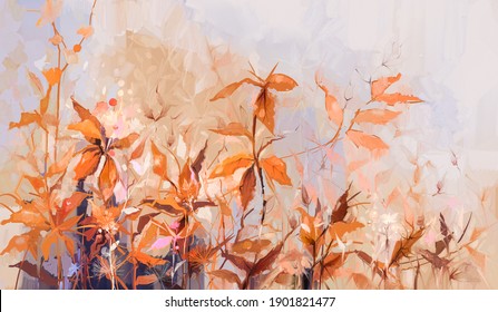 Abstract Oil Painting Of Colorful Flower With Orange, Red, Yellow Leaf. Illustration Hand Painted, Nature Of Fall, Autumn Season. Paint Design For Natural Wallpaper. Vintage Floral Color Background