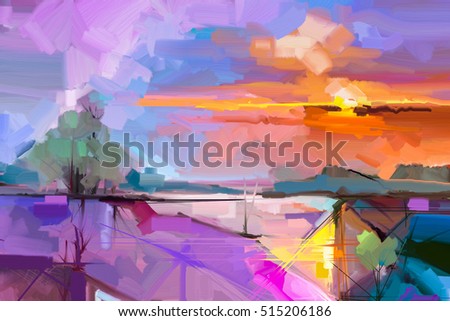 Abstract oil painting landscape background. Artwork modern oil painting outdoor landscape. Semi- abstract of tree, hill with sunlight (sunset), colorful yellow - purple sky. Beauty nature background