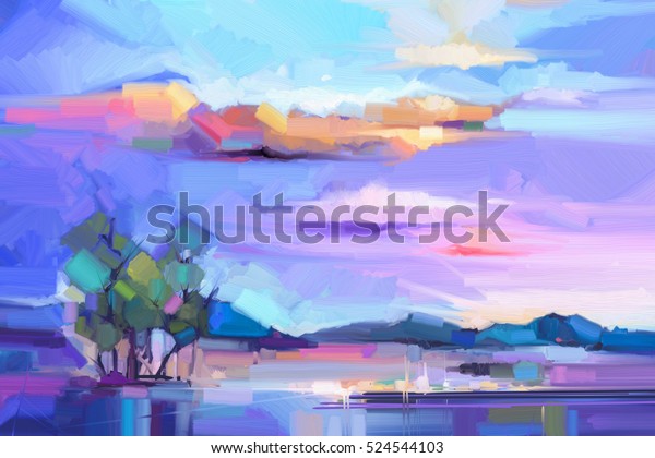 Abstract oil painting landscape background. Colorful yellow and purple sky. oil painting outdoor landscape on canvas. Semi- abstract tree, hill and field, meadow. Sunset landscape nature background.