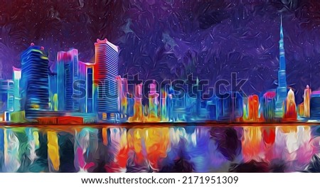 abstract oil painting panorama of colorful Dubai town near the sea. Oil painting cityscape. skyline in night. artist canvas art collection for decoration