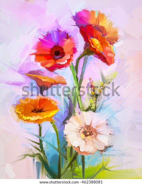 春の花の抽象的な油絵 黄色と赤のガーベラ花の静物 明るい紫の青の背景にカラフルなブーケ花 手描きの花柄モダン印象派スタイル のイラスト素材