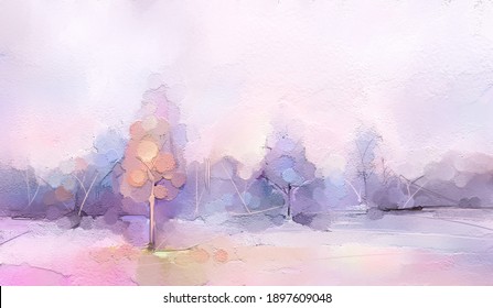 Abstract oil painting winter forest landscape. Semi abstract image of tree, field, meadow. Modern art, oil paint with purple, red and blue pastel color. Contemporary art for background
