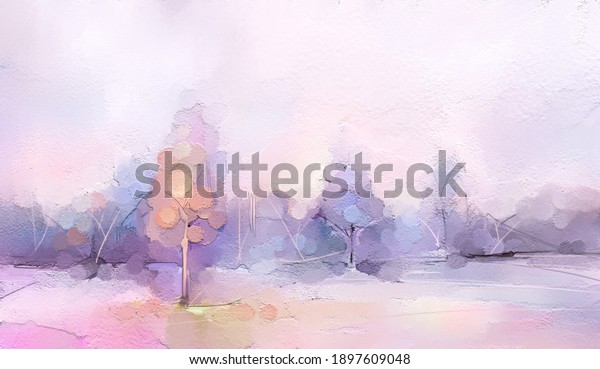 Abstract wall mural, oil painting winter forest landscape. Semi abstract image of tree, field, meadow. Modern art, oil paint with purple, red and blue pastel color. Contemporary art for background.