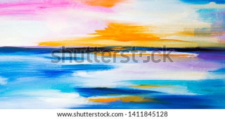 Abstract oil texture background. Paint on canvas. Modern art. Beautiful sunset above sea with light reflected in water.