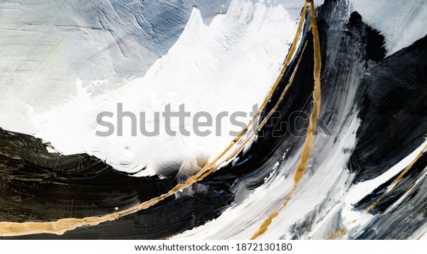 Abstract oil texture background. Black, gold and white paint on canvas. Contemporary wall art. 