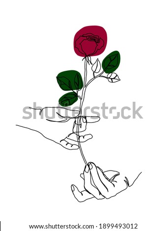 Abstract one line continuous hand and rose. Contemporary drawing in modern cubism style. Protrait of a hand and rose isolated on white background. Design for Valentine’s Day.
