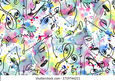 Abstract One Line Drawing Faces Masks Repeating Pattern and Watercolor Tie Dye Batik Splashes Ink Stains Brush Strokes Background