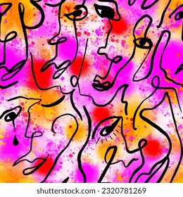 Abstract One Line Drawing Women Faces Eyes Lips Doodle Retro Seamless Pattern and Tie Dye Watercolor Batik Splatter Background