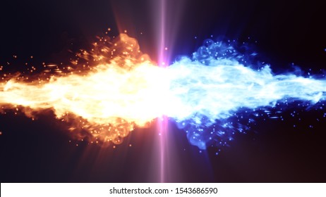 Abstract Orange Heat Fire And Blue Ice Versus On Black Background. Concept Of Hot Flame Vs Cold Energy Wave With Spark Effect Around .3D Render Illustration.