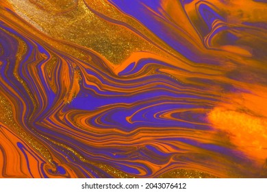 Abstract Orange Purple Gold Marble Background. Acrylic Painting Conceptual Halloween. A Festive Layout For Autumn Greetings. The Original Fragment Of The Picture. Fashionable Background For Postcards.