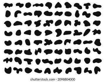 Abstract Organic Liquid Shapes, Black Random Blobs. Irregular Bubble Shape Form, Splodge, Spot. Fluid Geometric Element Silhouette  Set. Asymmetric Stones Of Unique Uneven Shapes