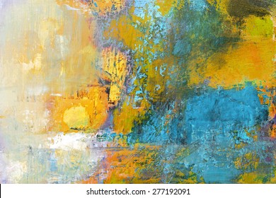 Abstract Original Painting On Canvas, Sun Ball In Yellow And Turquoise, Can Be Used As Background Or Poster