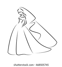 Abstract Outline Illustration Of A Young Elegant Bride In Wedding Dress With Veil Over Her Head. Sketch Illustration Or Logo For Your Design
