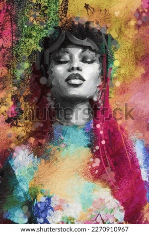 Abstract paint, black - white color portrait and colourful background. Oil painting. Modern art of young female model with flower. Illustration artwork, painting - woman face design on canvas texture