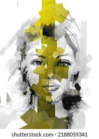 Abstract Paint Portrait With Black, White And Gold Color In Oil Painting. Modern Art, Portrait Of Young Female Model. Fashion Illustration Artwork, Paint Lady - Woman Face Design On Texture Background