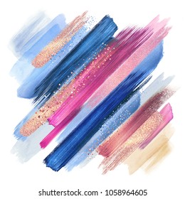 abstract paint smears isolated on white, watercolor brush strokes, fashion make up palette, sparkling shimmer, intricate ethnic background, pink blue colors