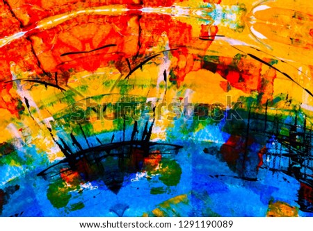 Abstract painting backdrop on concrete wall. 2d illustration. Various colorful patterns hand painted on flat surface. Painted rough surface. Handmade brush strokes. 