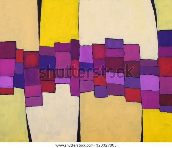 An abstract painting in complementary colors of\
yellow and purple